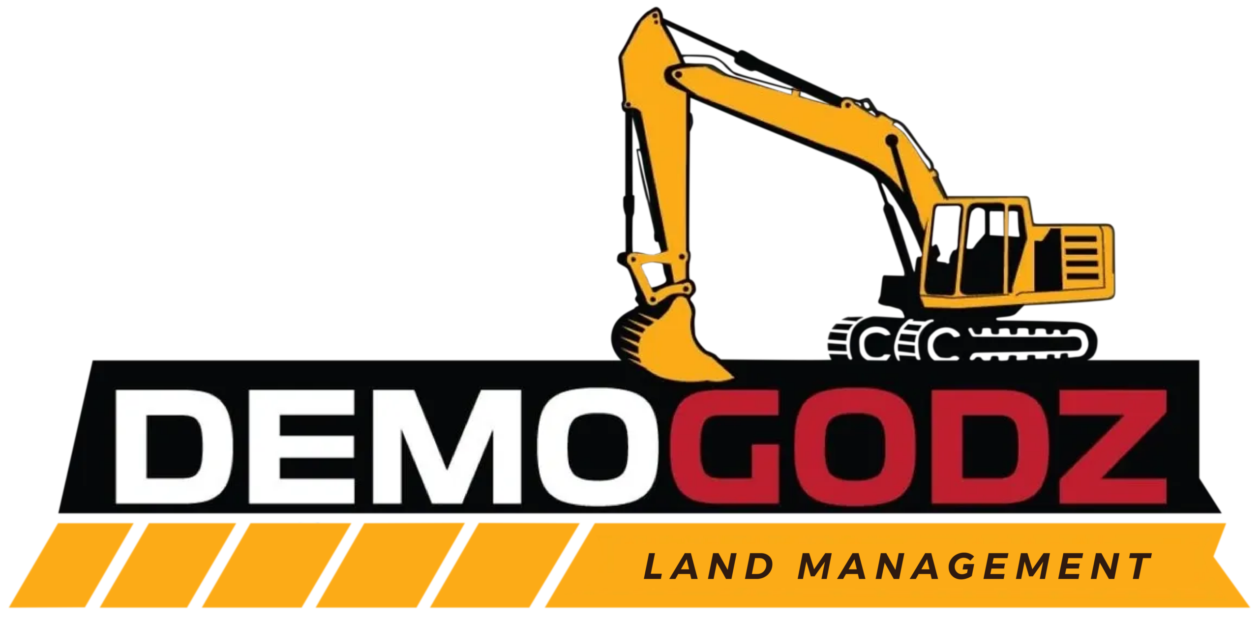 Demogodz Land Management logo with excavator graphic branding